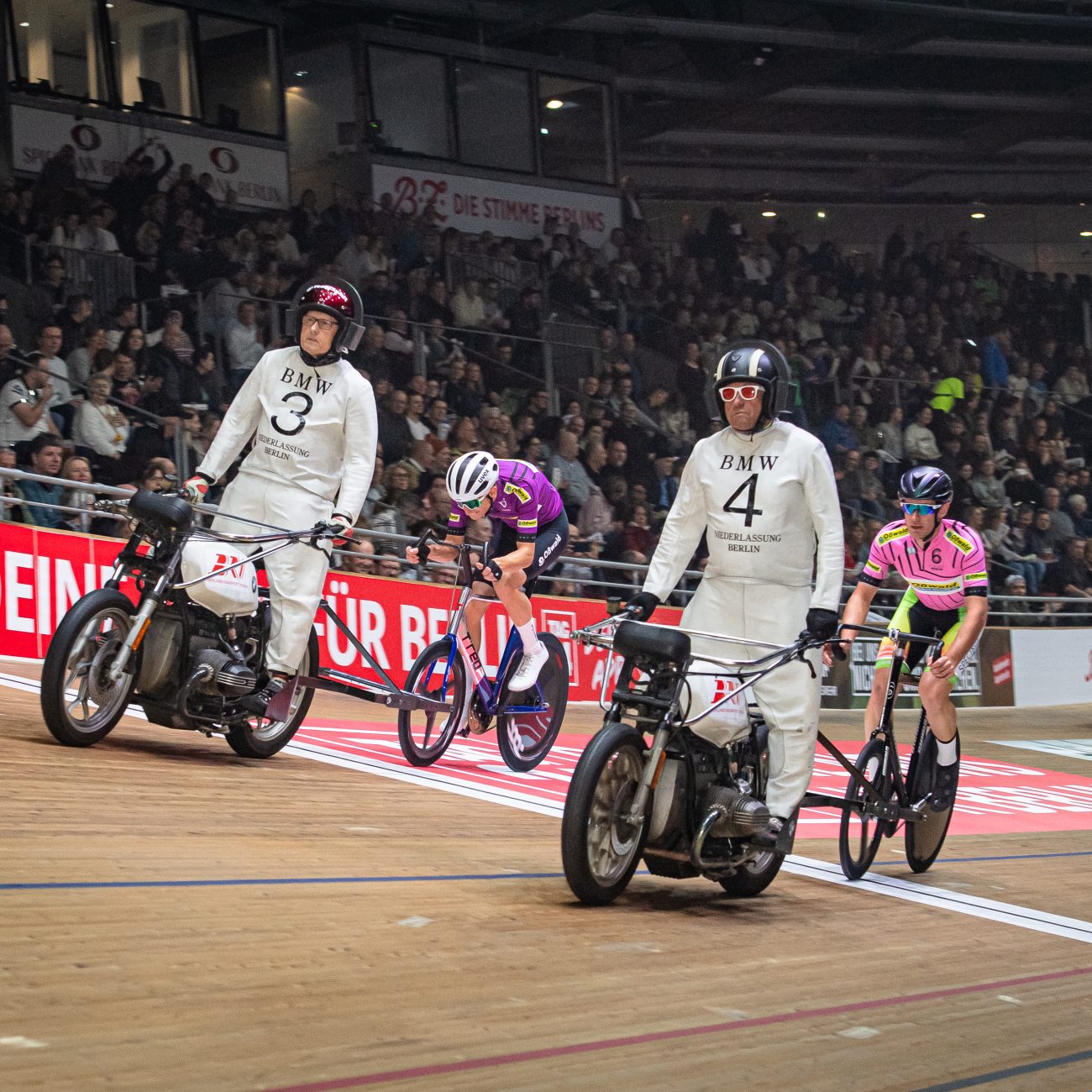 Team 4 - FILIP Jakub ( CZE ) - Team 4 - BAUR Thomas ( GER ) - Pacemaker Stayer – Team 3 - HARNISCH Daniel ( GER ) – Team 3 - GESSLER Gerd ( GER ) - Pacemaker Stayer - Querformat - quer - horizontal - Landscape - Event/Veranstaltung: Six Day Berlin 2024 - Category/Kategorie: Cycling - Track Cycling – Sixdays - Elite Men - Location/Ort: Europe – Germany - Berlin - Velodrom Berlin - Discipline: Stayer Race - Distance: ... m - Date/Datum: 27.01.2024 – Saturday – Day 2 - Photographer: © Arne Mill - frontalvision.com
