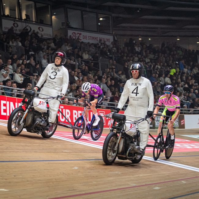 Team 4 - FILIP Jakub ( CZE ) - Team 4 - BAUR Thomas ( GER ) - Pacemaker Stayer – Team 3 - HARNISCH Daniel ( GER ) – Team 3 - GESSLER Gerd ( GER ) - Pacemaker Stayer - Querformat - quer - horizontal - Landscape - Event/Veranstaltung: Six Day Berlin 2024 - Category/Kategorie: Cycling - Track Cycling – Sixdays - Elite Men - Location/Ort: Europe – Germany - Berlin - Velodrom Berlin - Discipline: Stayer Race - Distance: ... m - Date/Datum: 27.01.2024 – Saturday – Day 2 - Photographer: © Arne Mill - frontalvision.com