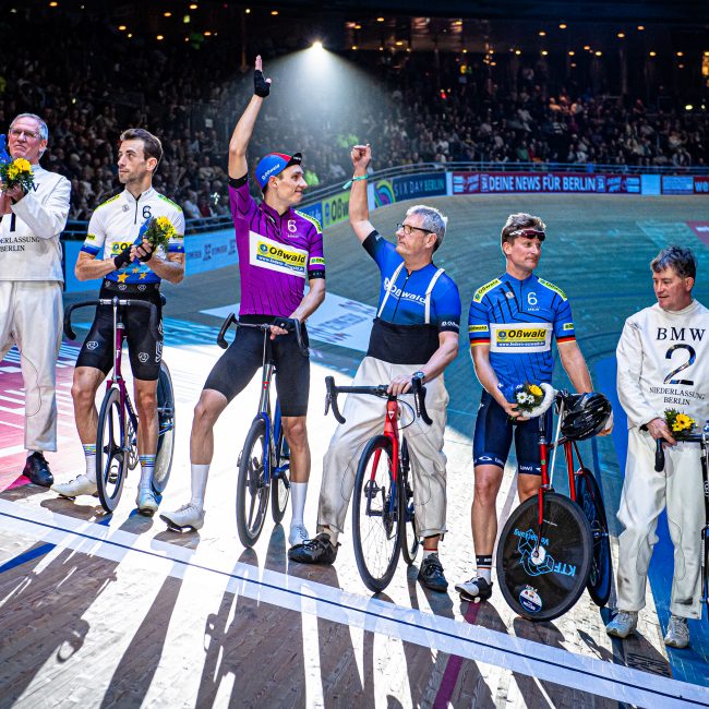 Team 1 - HONIG Reinier ( NED ) – Team 1 - KOS René ( NED ) - Pacemaker Stayer - - Team 3 - HARNISCH Daniel ( GER ) – Team 3 - GESSLER Gerd ( GER ) - Pacemaker Stayer - Winner - First Place - Team 2 - RETSCHKE Robert ( GER ) – Team 2 - EHNERT Holger ( GER ) - Pacemaker Stayer - Third Place – Award Ceremony - Medal Ceremony - Podium - Querformat - quer - horizontal - Landscape - Event/Veranstaltung: Six Day Berlin 2024 - Category/Kategorie: Cycling - Track Cycling – Sixdays - Elite Men - Location/Ort: Europe – Germany - Berlin - Velodrom Berlin - Discipline: Stayer Race - Distance: ... m - Date/Datum: 27.01.2024 – Saturday – Day 2 - Photographer: © Arne Mill - frontalvision.com