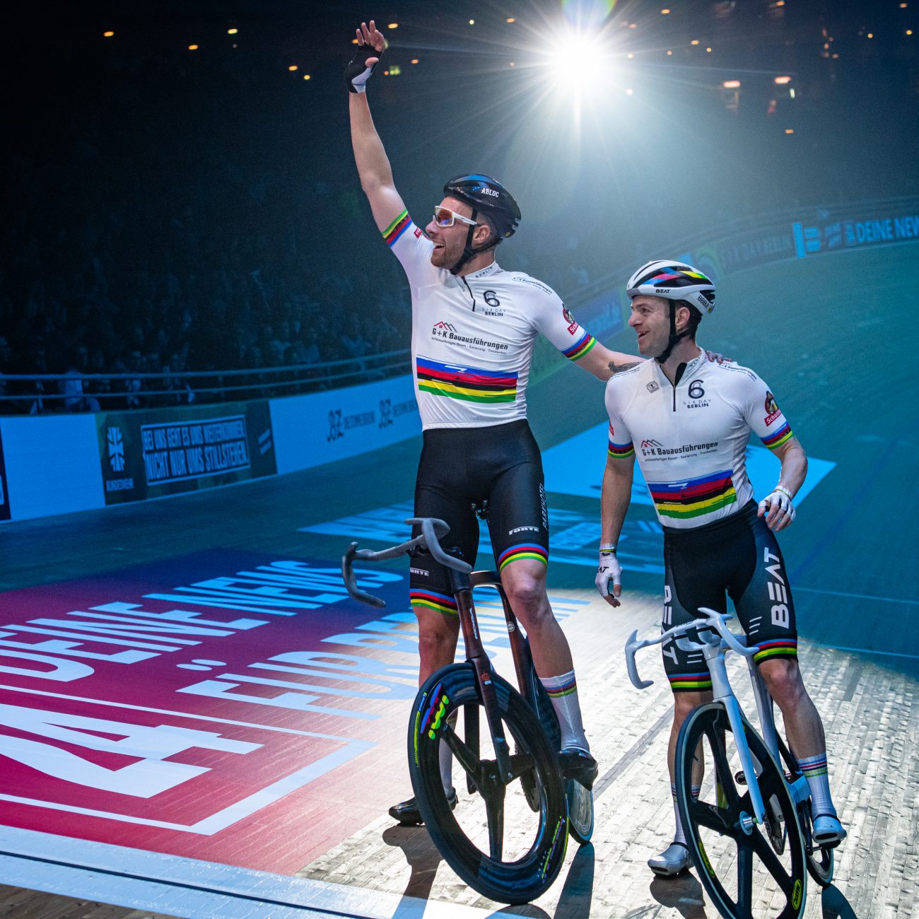 Team 2 - VAN SCHIP Jan Willem ( NED ) - Black - HAVIK Yoeri ( NED ) - Red – Award Ceremony - Medal Ceremony - Podium - Querformat - quer - horizontal - Landscape - Event/Veranstaltung: Six Day Berlin 2024 - Category/Kategorie: Cycling - Track Cycling – Sixdays - Elite Men - Location/Ort: Europe – Germany - Berlin - Velodrom Berlin - Discipline: Madison - Distance: ... m - Date/Datum: 26.01.2024 – Friday – Day 1 - Photographer: © Arne Mill - frontalvision.com